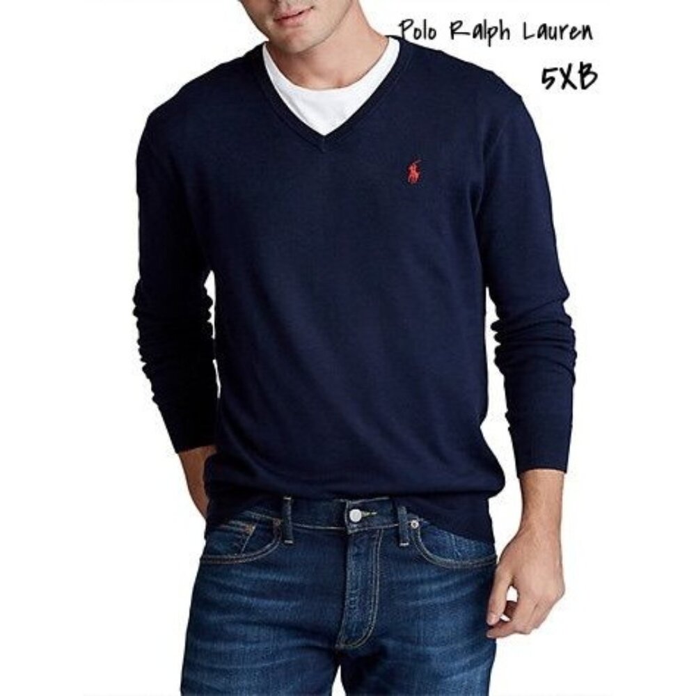 Polo Ralph Lauren V-Neck Pima Cotton Sweater Blue Big & Tall 5XB New With Tag